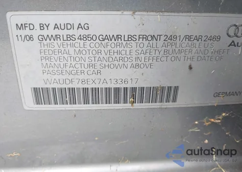 2007 Audi A4 2.0T from USA, damaged, VIN WAUDF78EX7A133617